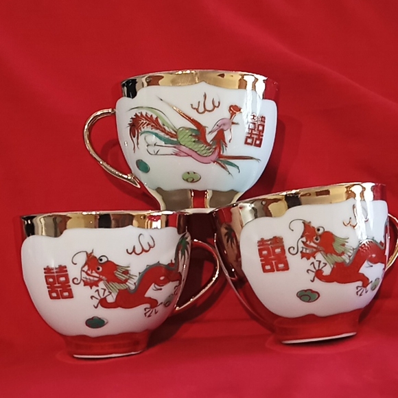 Vintage Chinese Porcelain Gold Colored Double Happiness Dragon & Phoenix Set. - Picture 15 of 16